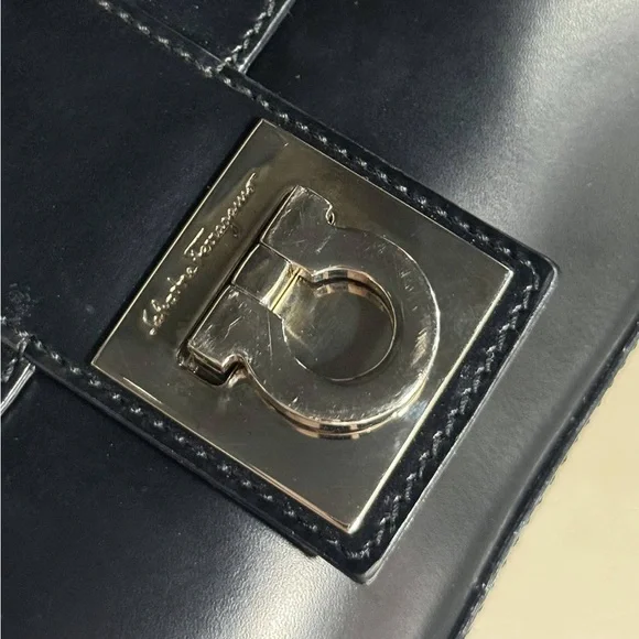 SALVATORE FERRAGAMO Black Leather Handbag Clutch Silver Hardware Shoulder Bag